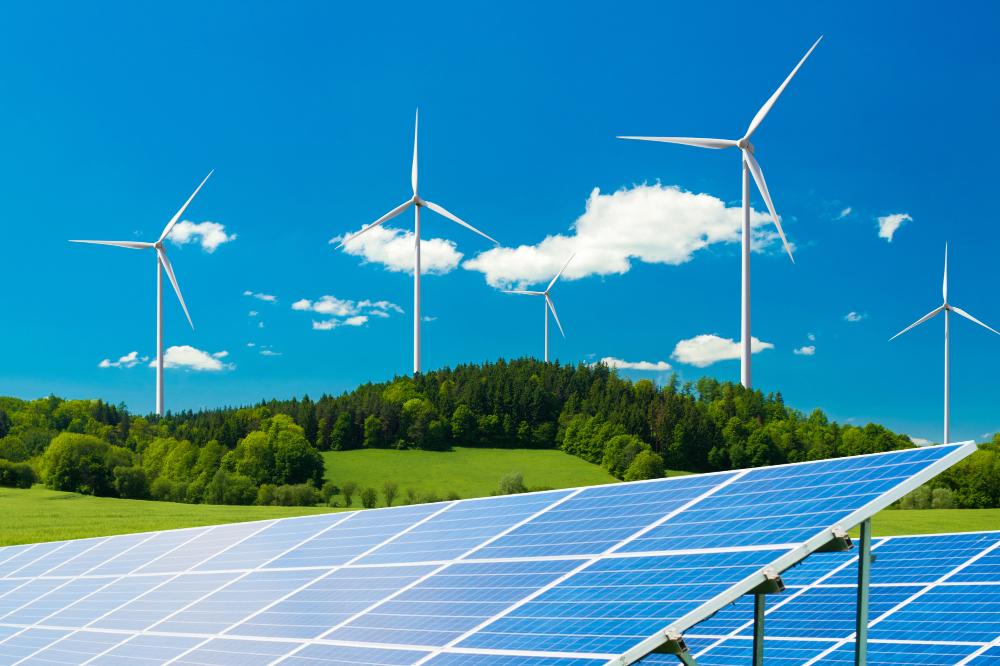 Grassy hillside, wind turbines, solar panels in rows foreground, midday sunlight, editorial travel photo, no people.