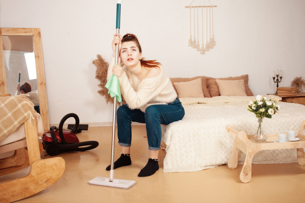 Bedroom corner, woman with mop, contemplative pose beside bed, evening soft lighting, editorial travel photo, single person.