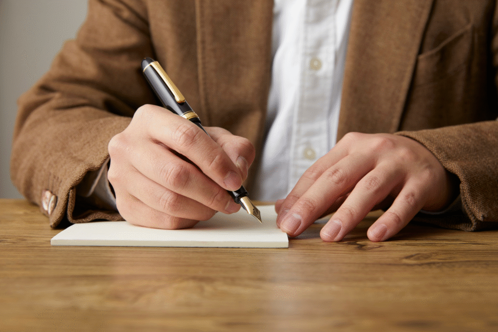 Wooden table, fountain pen in hand, close-up composition, neutral daylight, documentary style, partial person visible.