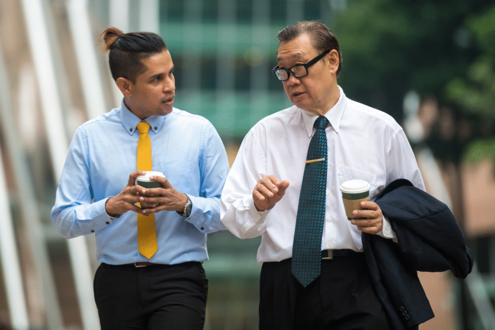 City sidewalk, two businessmen with coffee cups, midstride side view, daylight, editorial travel photo, people.