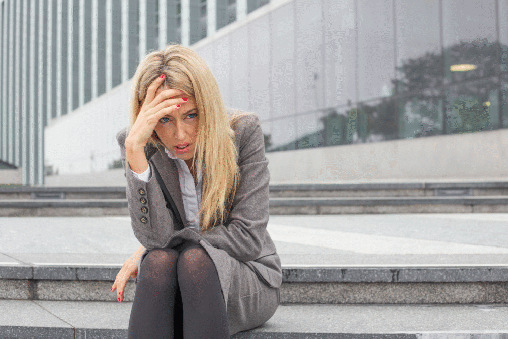 Outdoor steps, businesswoman in gray suit stressed, mid-ground focus, daytime light, editorial travel photo, single person.