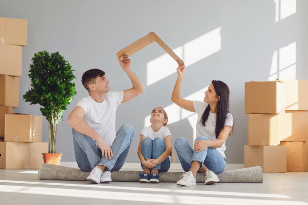 Living room with moving boxes, family forming cardboard roof, group seated on floor, daytime natural light, documentary style, people.