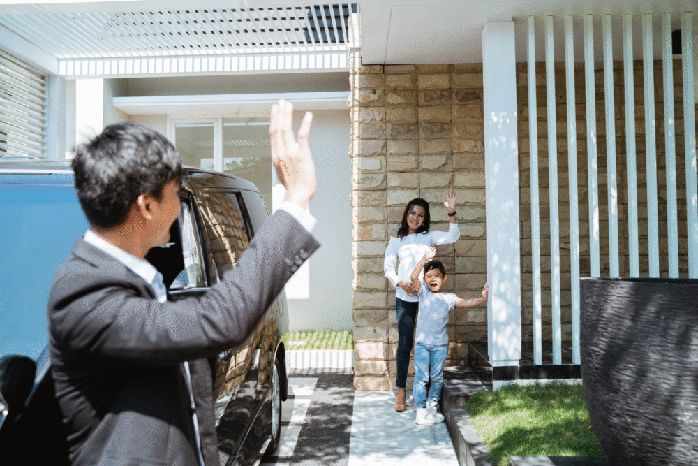 Modern house entrance, suited man waving by parked car, linear composition, daytime natural light, editorial travel photo, family present.