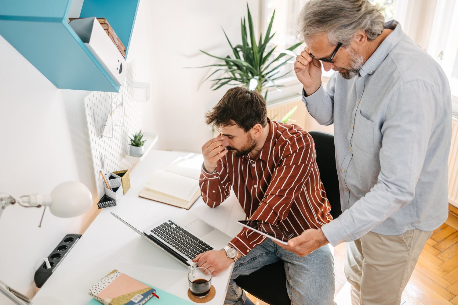 Home office, stressed men, desk with laptop and plants, natural light, documentary style, two people.