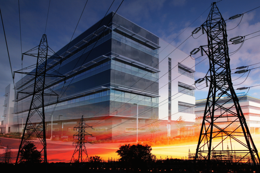 Urban business district, glass buildings and power towers, layered sunset composition, vibrant sky lighting, editorial travel photo, no people.