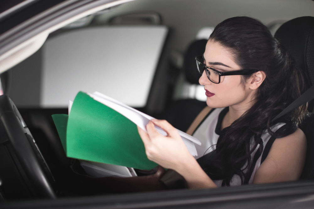 Car interior, woman with glasses reading, front seat composition, soft daylight, documentary style, person present.