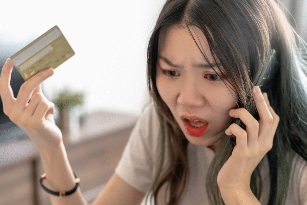 Indoors, credit card in hand, mid-close on distressed woman with phone, soft daylight, documentary style, one person.