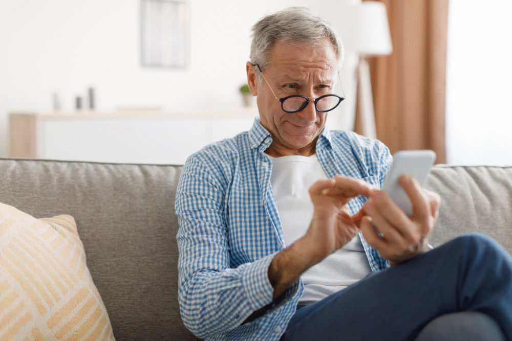 Living room, elderly man with glasses, seated on couch checking smartphone, daytime light, documentary style, one person.