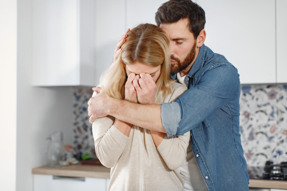 Kitchen, man embracing distressed woman, close crop with kitchen elements, soft afternoon light, documentary style, two people.