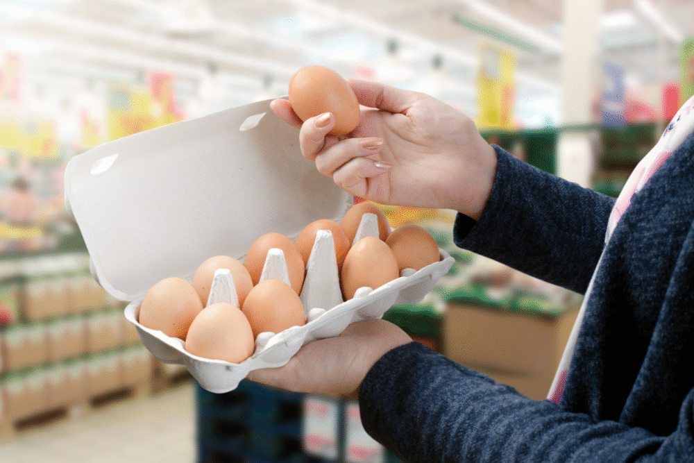Grocery store aisle, brown eggs carton and lifted egg, close-up composition, fluorescent lighting, editorial travel photo, one person.