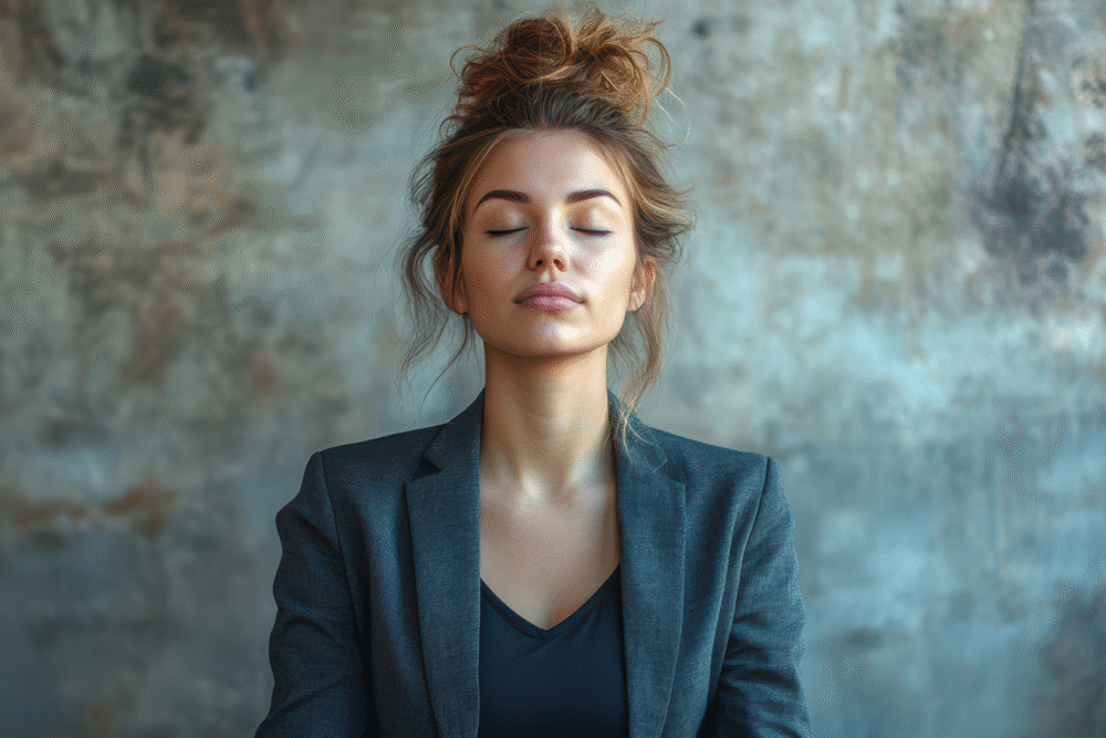 Textured gray wall, woman in blazer, centered composition, soft daylight, editorial portrait style, one person.